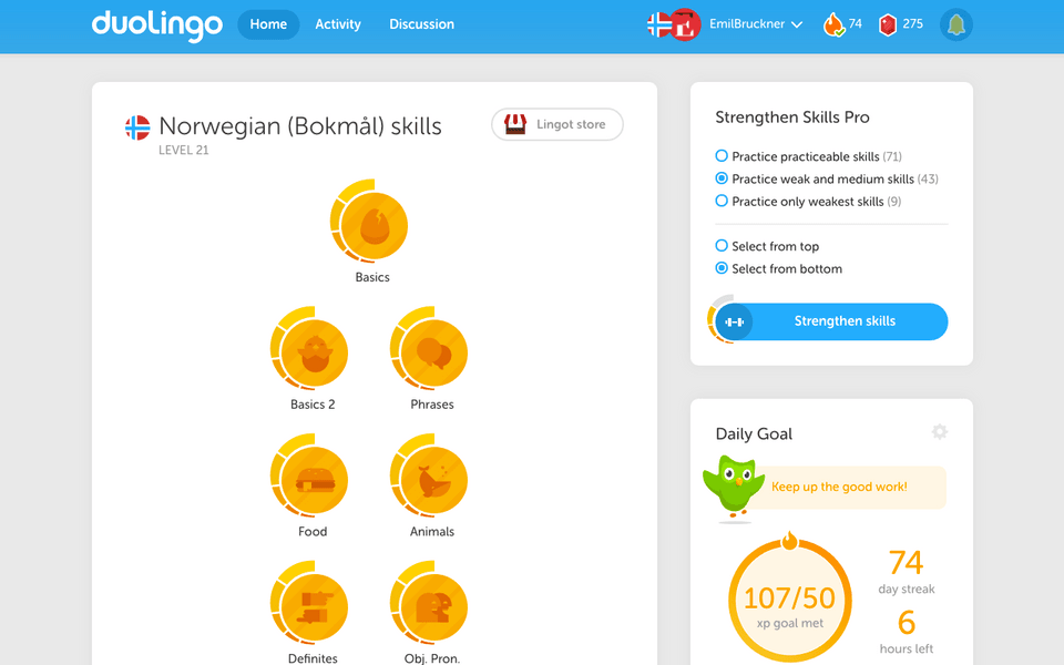 The widget uses Duolingo’s styles